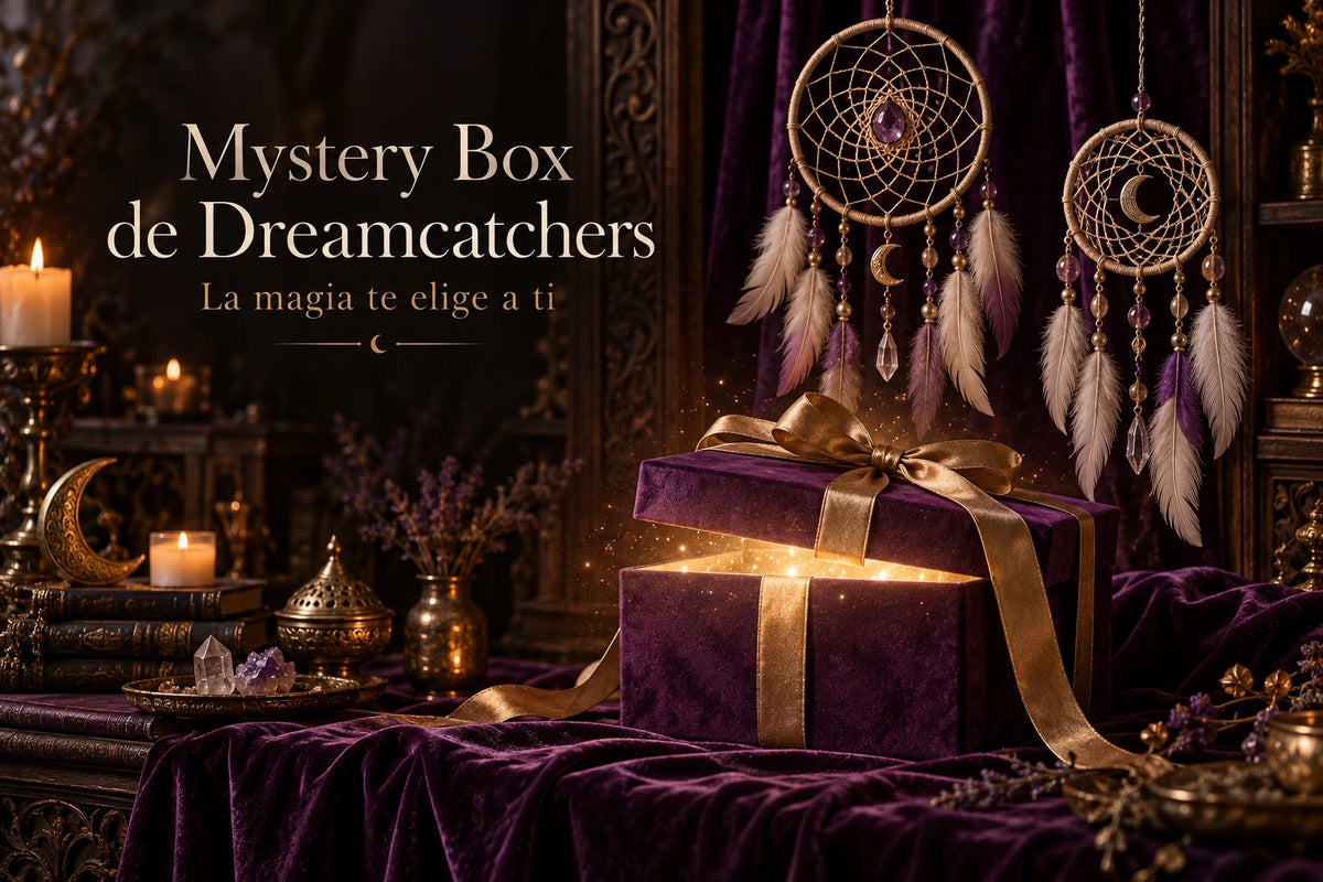 Caja sorpresa de terciopelo morado y dreamcatchers; imagen de ambientación